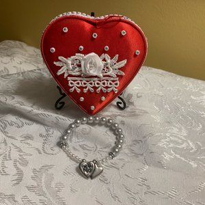 Silver Pearl Charm Bracelet & Red Satin Heart Container